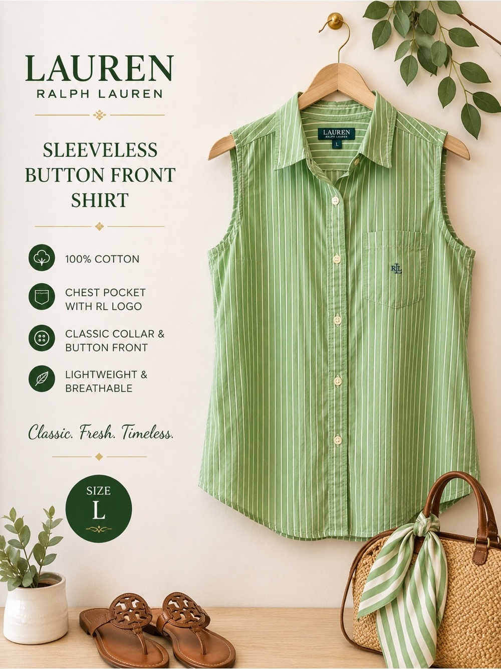 Lauren Ralph Lauren Green Stripe Sleeveless Button Front Shirt Large